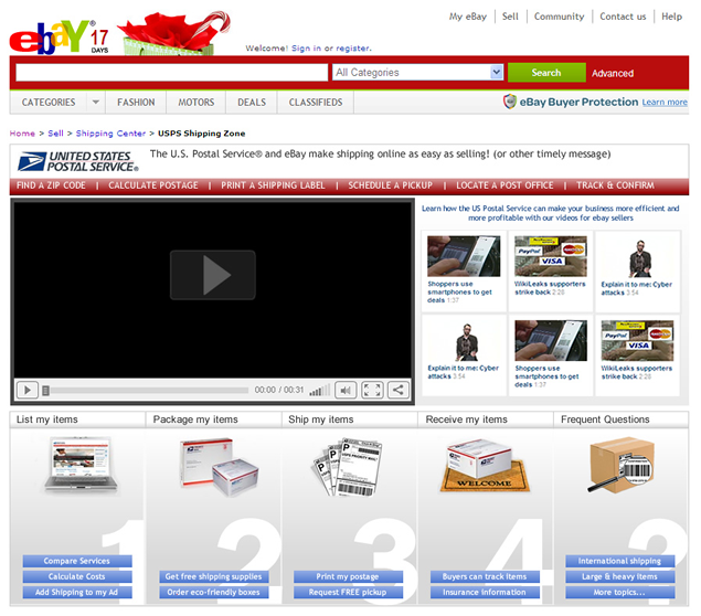 screenshot of USPS & eBay site designed by Lauren Brush